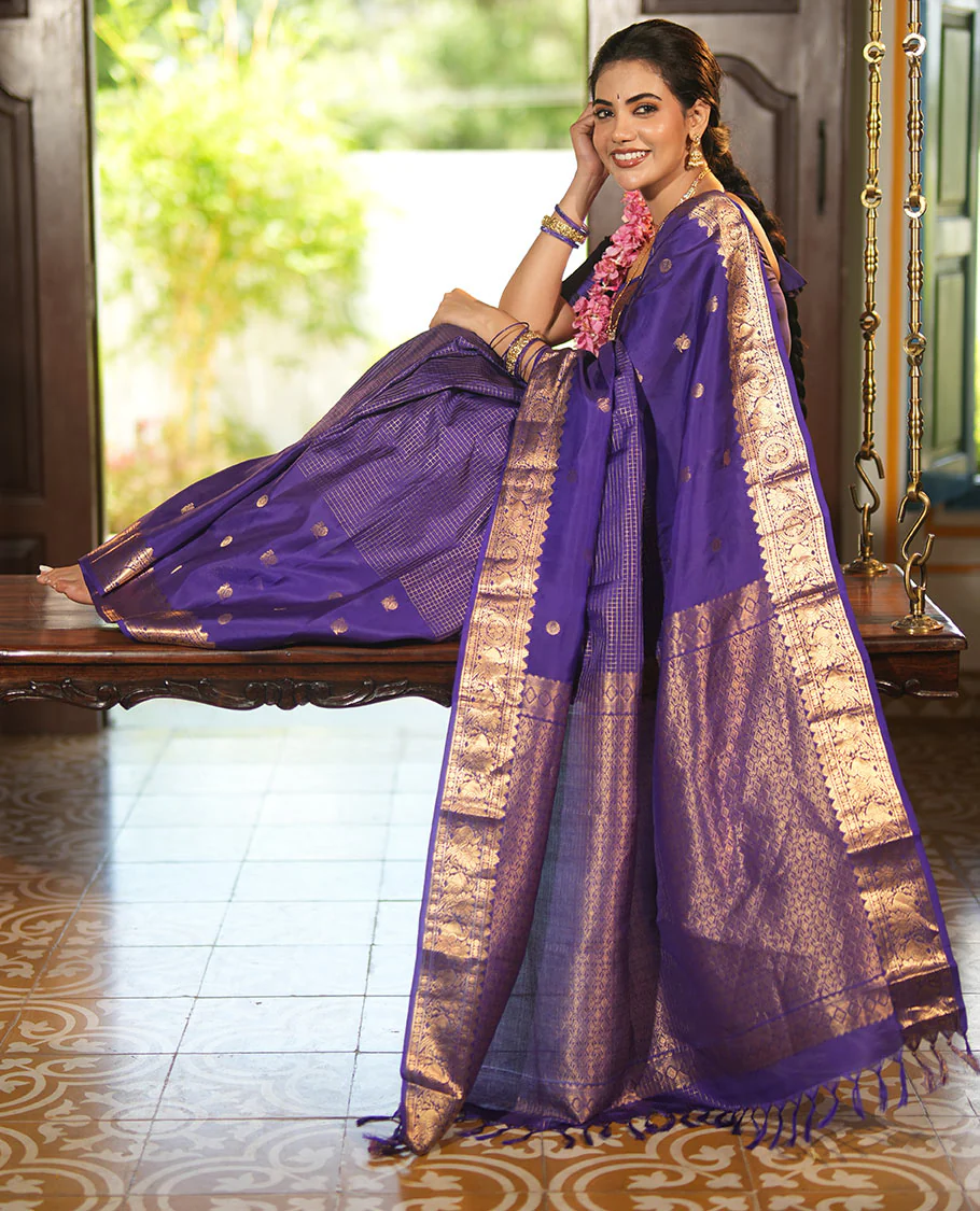 Violet Vasundhara Lite Silk Mix Saree, Artfully Detailed with Mayil-Chakram Buttas and Zari Checks All Over Its Body, Highlighted by a Zari Border of Thazampoo Rekkum, Paisa, Mayil, and Chakram Designs, a Grand Pallu, and Paired with a Matching Blouse - Image 4