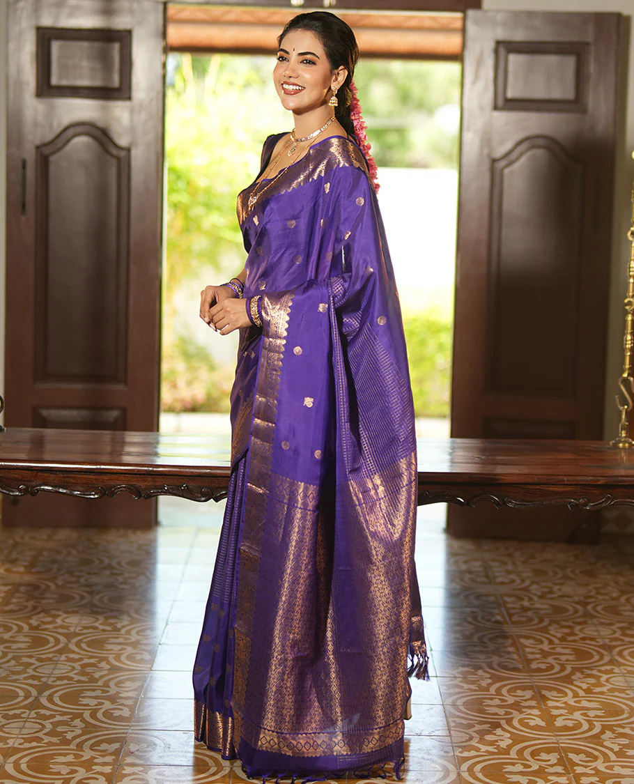 Violet Vasundhara Lite Silk Mix Saree, Artfully Detailed with Mayil-Chakram Buttas and Zari Checks All Over Its Body, Highlighted by a Zari Border of Thazampoo Rekkum, Paisa, Mayil, and Chakram Designs, a Grand Pallu, and Paired with a Matching Blouse - Image 5