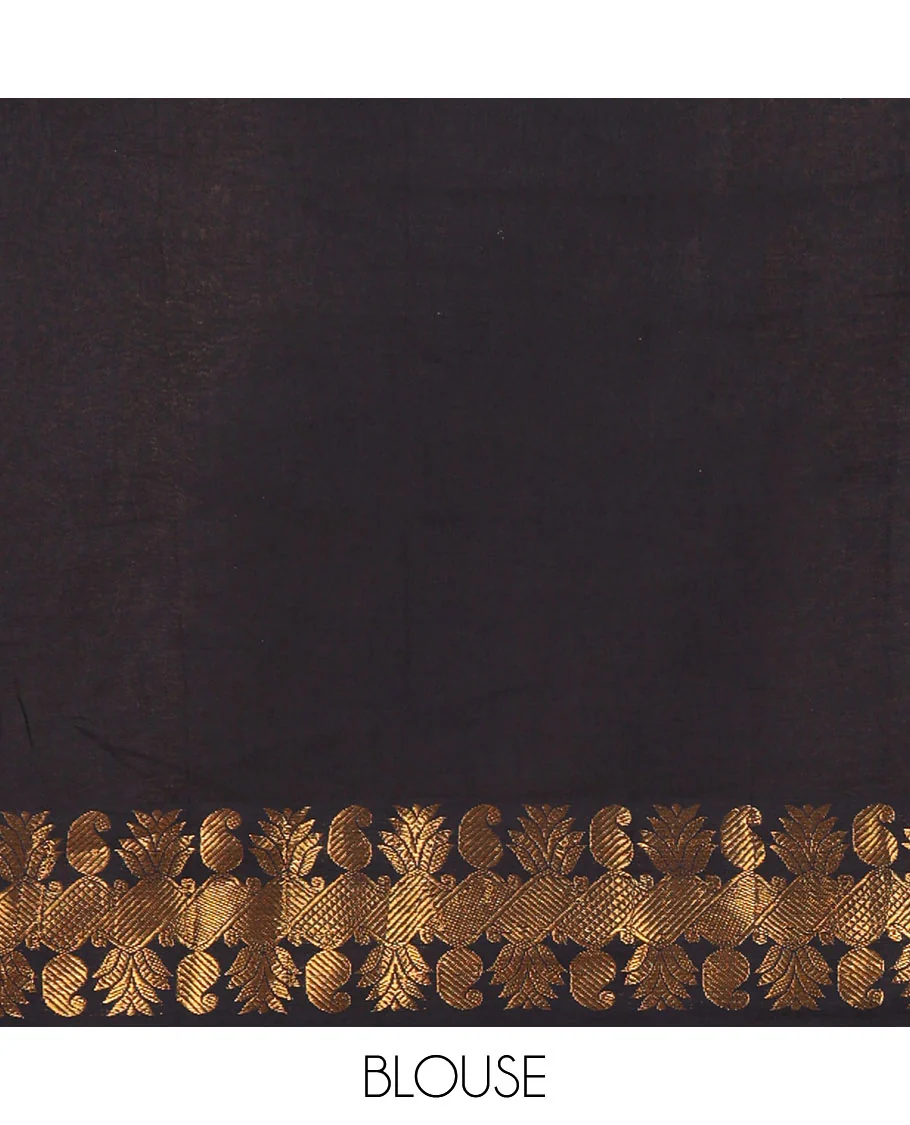 White and Black Printed Sungudi Cotton Half-Saree Showcasing a Skirt Printed with Tamil Letters, Accentuated by a Contrast Traditional Zari Border, a Contrast Blouse, and a Plain Zari-Bordered Dhavani - Image 4