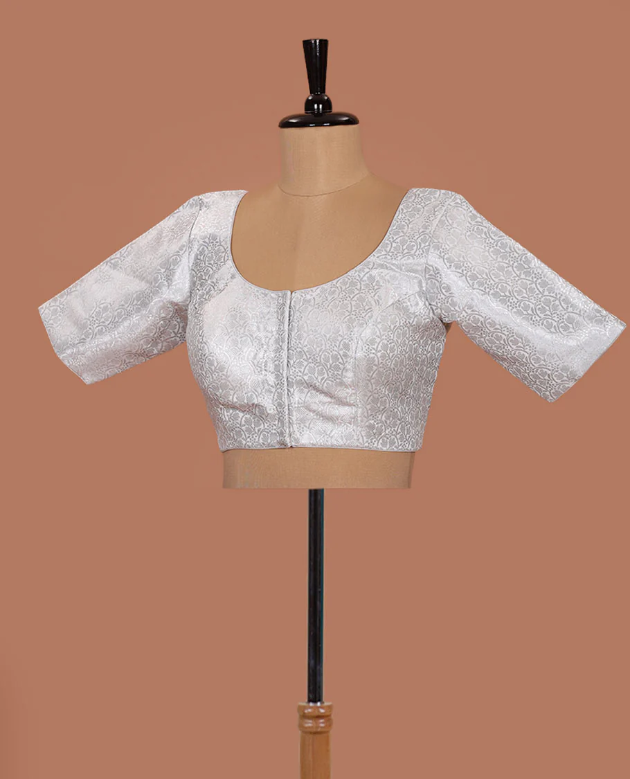 White brocade front-back round neck elbow-sleeve readymade blouse