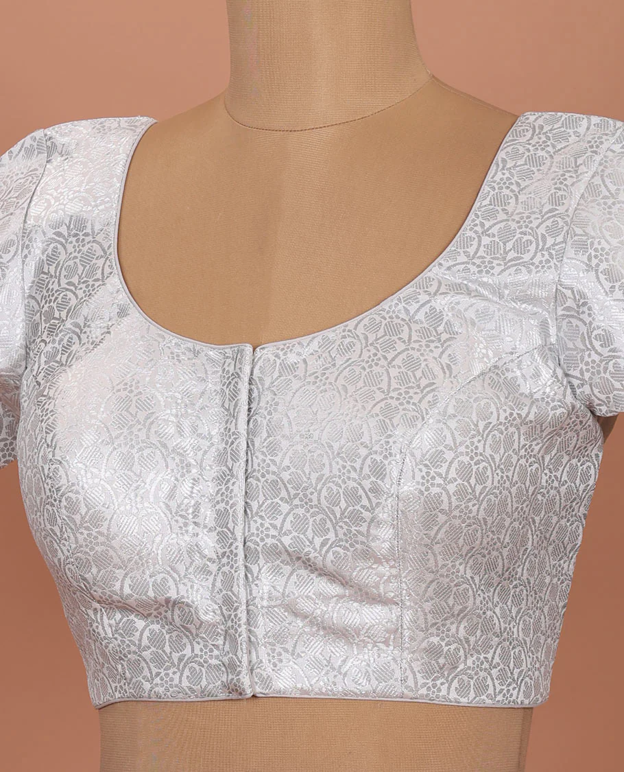 White brocade front-back round neck elbow-sleeve readymade blouse - Image 2