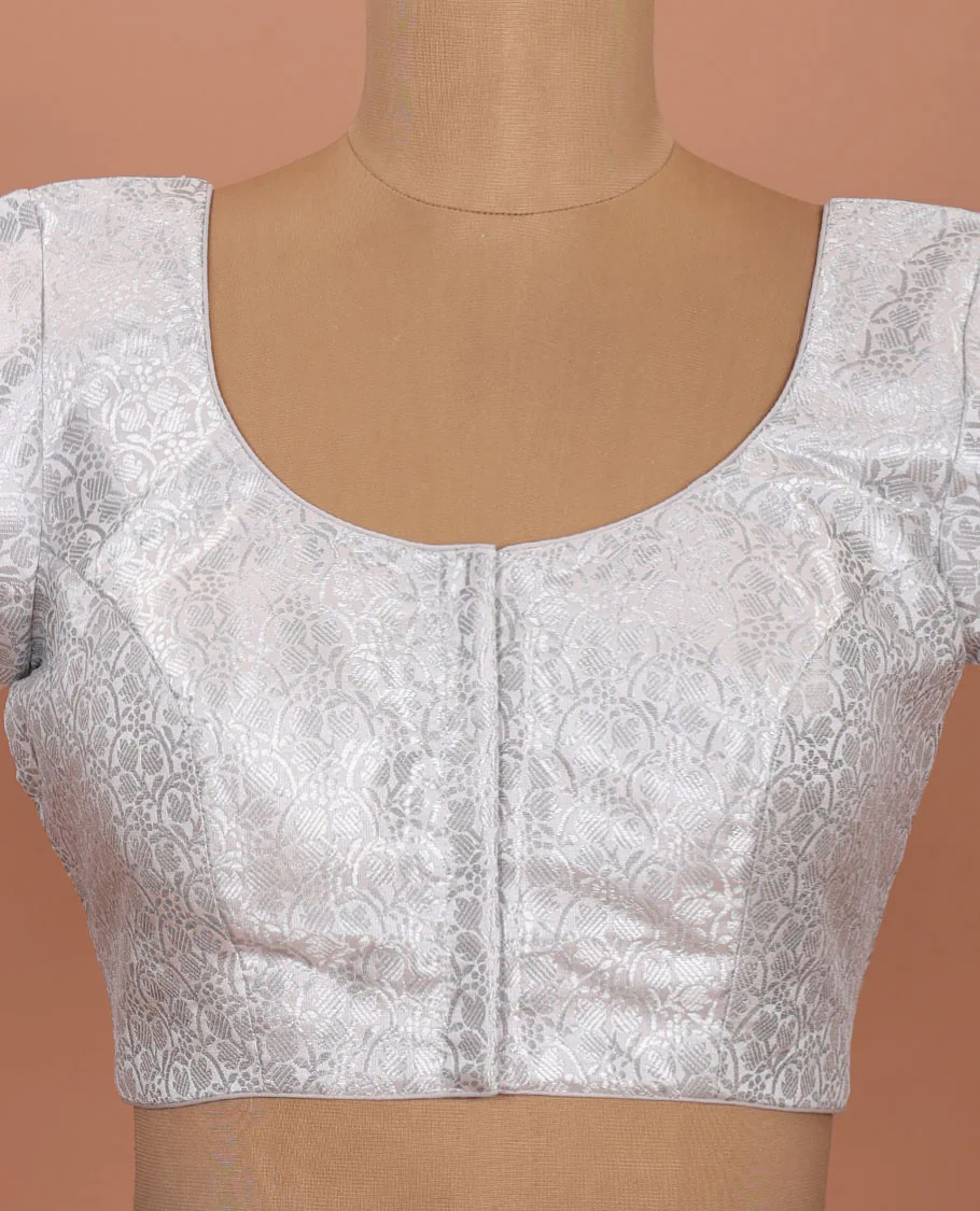 White brocade front-back round neck elbow-sleeve readymade blouse - Image 3