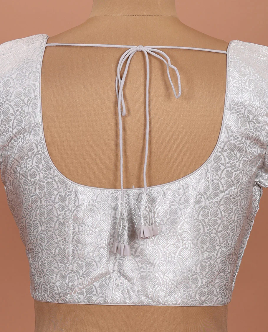 White brocade front-back round neck elbow-sleeve readymade blouse - Image 4
