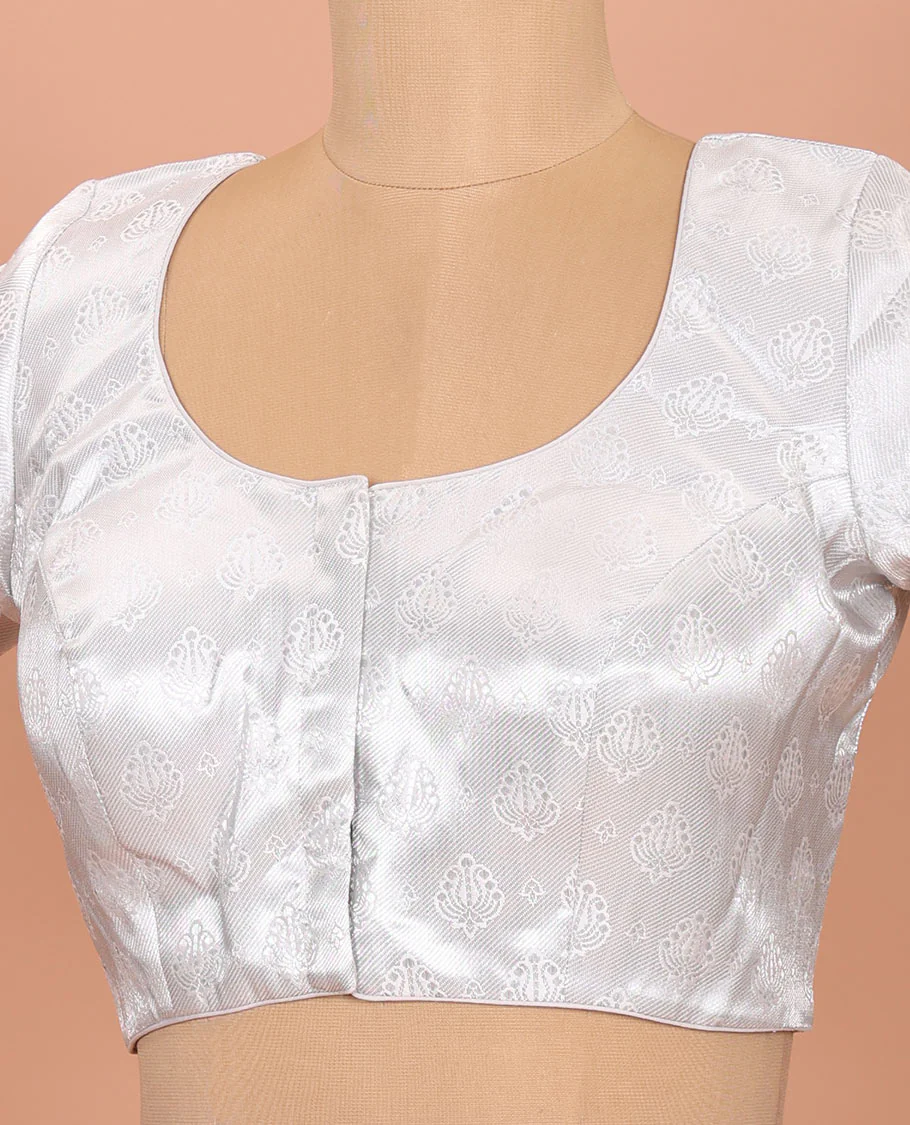 White buttas front-back round neck elbow-sleeve readymade blouse - Image 2