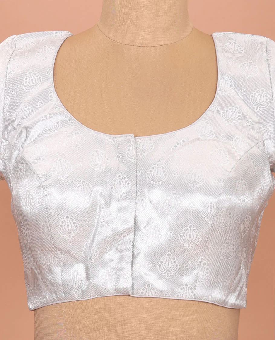 White buttas front-back round neck elbow-sleeve readymade blouse - Image 3
