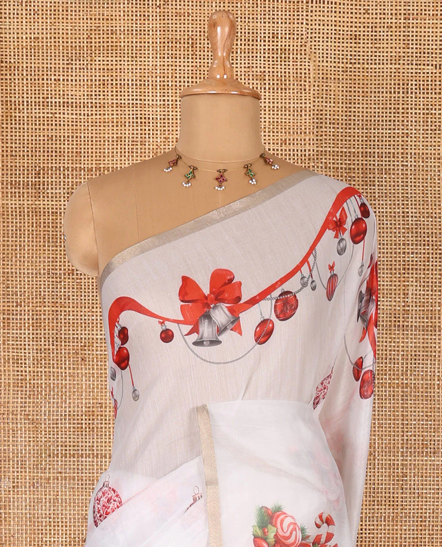 White Christmas ornaments digital printed Chanderi saree, piping border, Chirstmas theme printed pallu, and Christmas ornaments printed blouse - Image 3