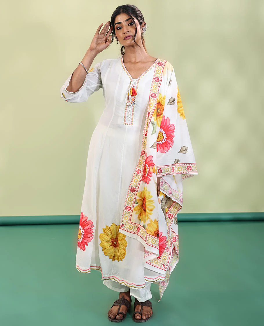 White Cotton Readymade Suit, Features Sunflower Print with Outline Embroidered V-neck 3/4 th Sleeved Umbrella Top, a Subtle Straight-Cut Pants, and a Floral Print-Embroidered Dupatta - Image 3