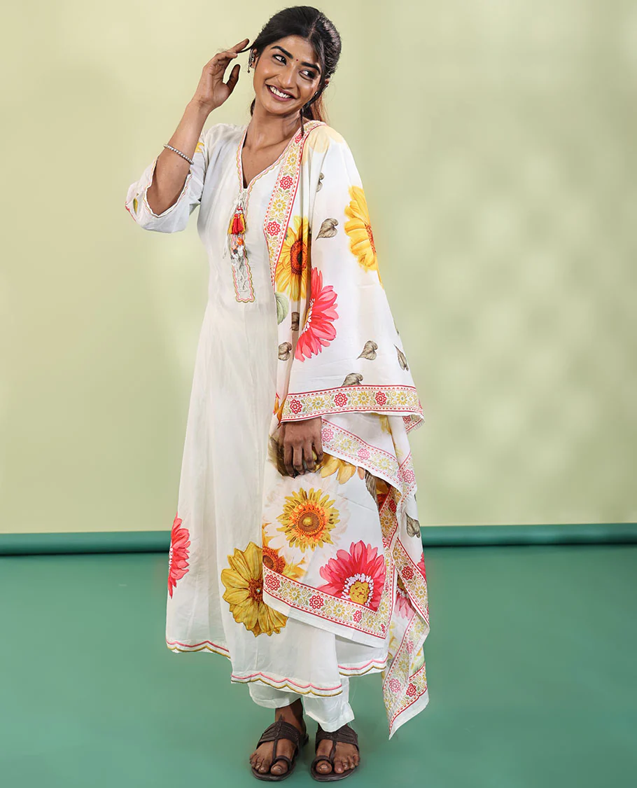 White Cotton Readymade Suit, Features Sunflower Print with Outline Embroidered V-neck 3/4 th Sleeved Umbrella Top, a Subtle Straight-Cut Pants, and a Floral Print-Embroidered Dupatta - Image 4