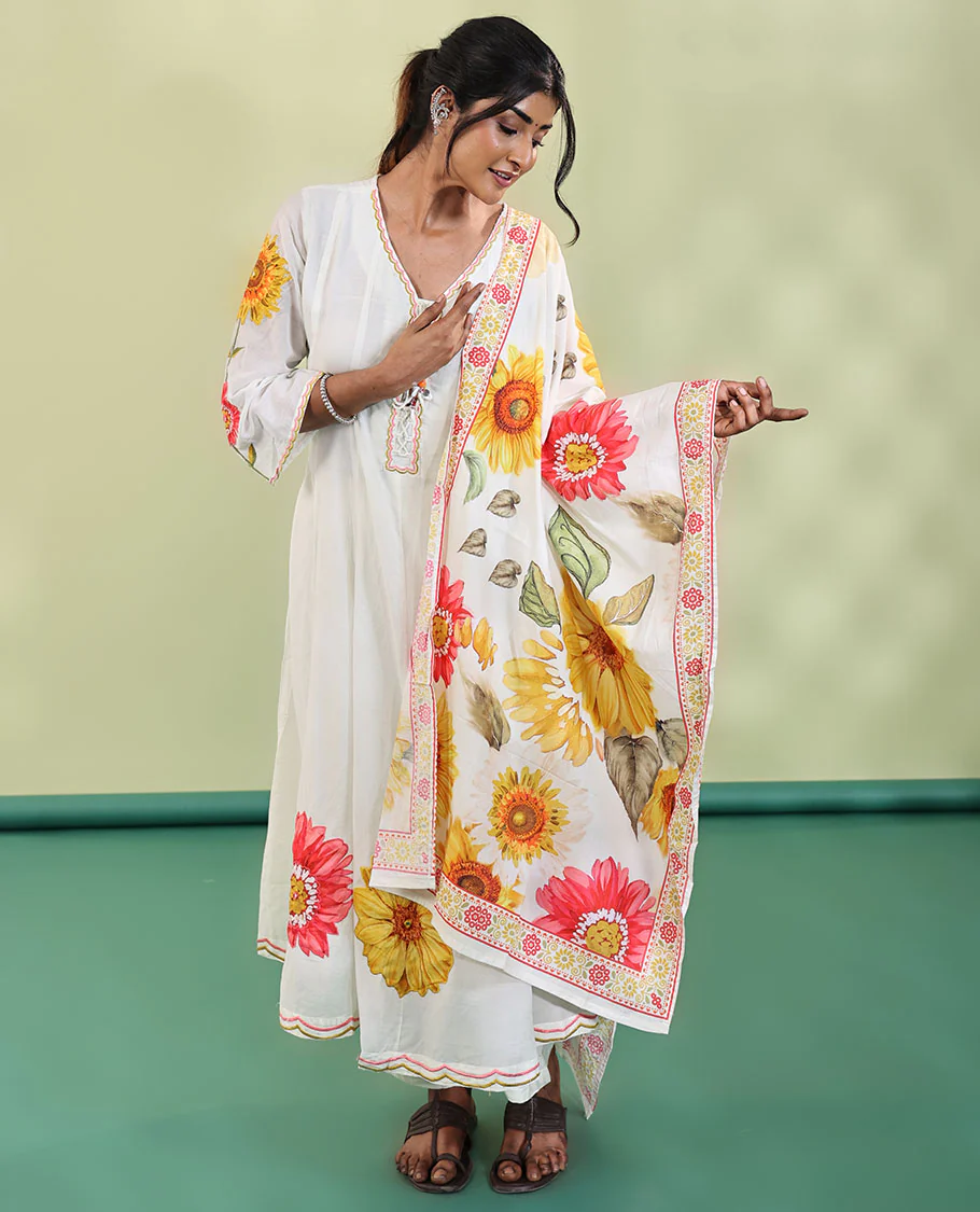 White Cotton Readymade Suit, Features Sunflower Print with Outline Embroidered V-neck 3/4 th Sleeved Umbrella Top, a Subtle Straight-Cut Pants, and a Floral Print-Embroidered Dupatta - Image 5