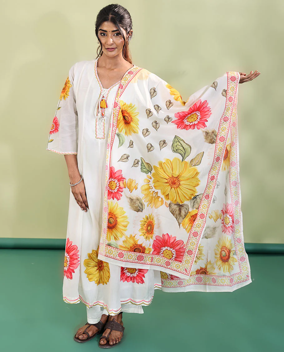 White Cotton Readymade Suit, Features Sunflower Print with Outline Embroidered V-neck 3/4 th Sleeved Umbrella Top, a Subtle Straight-Cut Pants, and a Floral Print-Embroidered Dupatta - Image 6