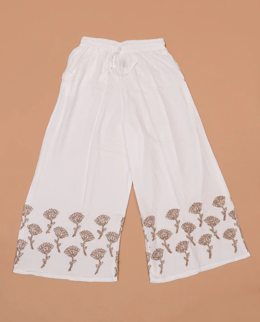 White floral motifs thread coding embroidered rayon palazzo pants