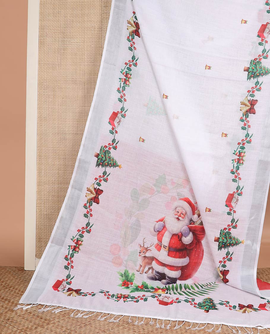 White jingle bell and Christmas tree motifs printed linen saree with bavanji borders, Santa Claus figure printed pallu, and a contrast jingle bell printed blouse - Image 2