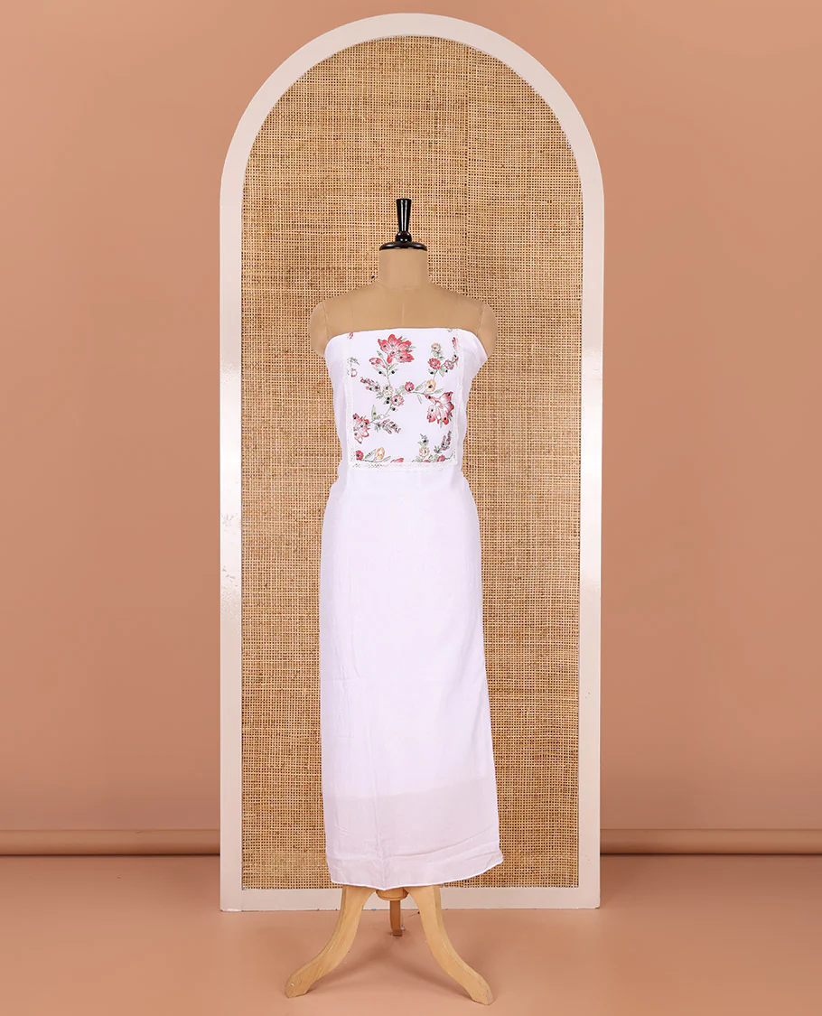 White-red material chudidar set, floral vine printed with orginal mirror work Vichitra silk top, a matching bottom, and a floral vine printed georgette dupatta - Image 2