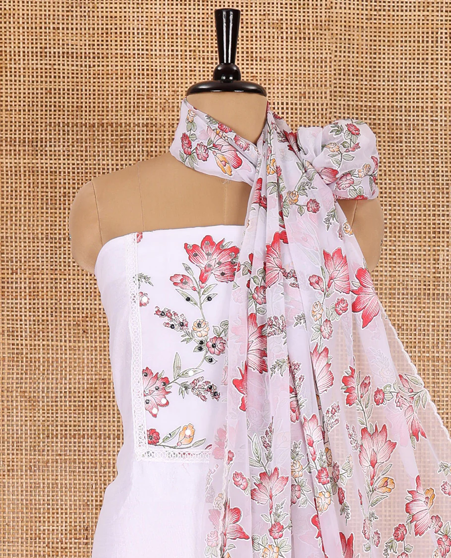 White-red material chudidar set, floral vine printed with orginal mirror work Vichitra silk top, a matching bottom, and a floral vine printed georgette dupatta - Image 3