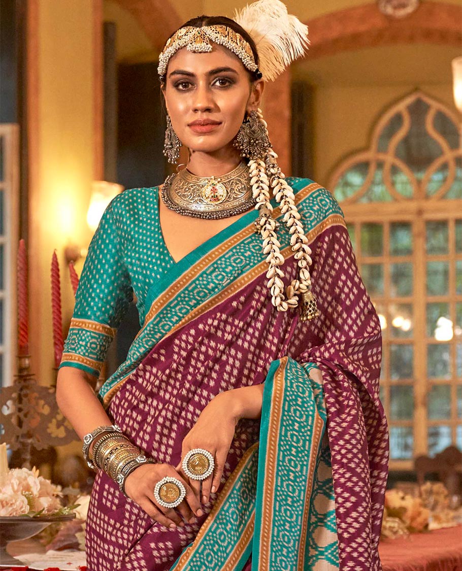 Wine diamond patola designer catalog saree, contrast patola border, and intricately patola designed pallu - Image 2