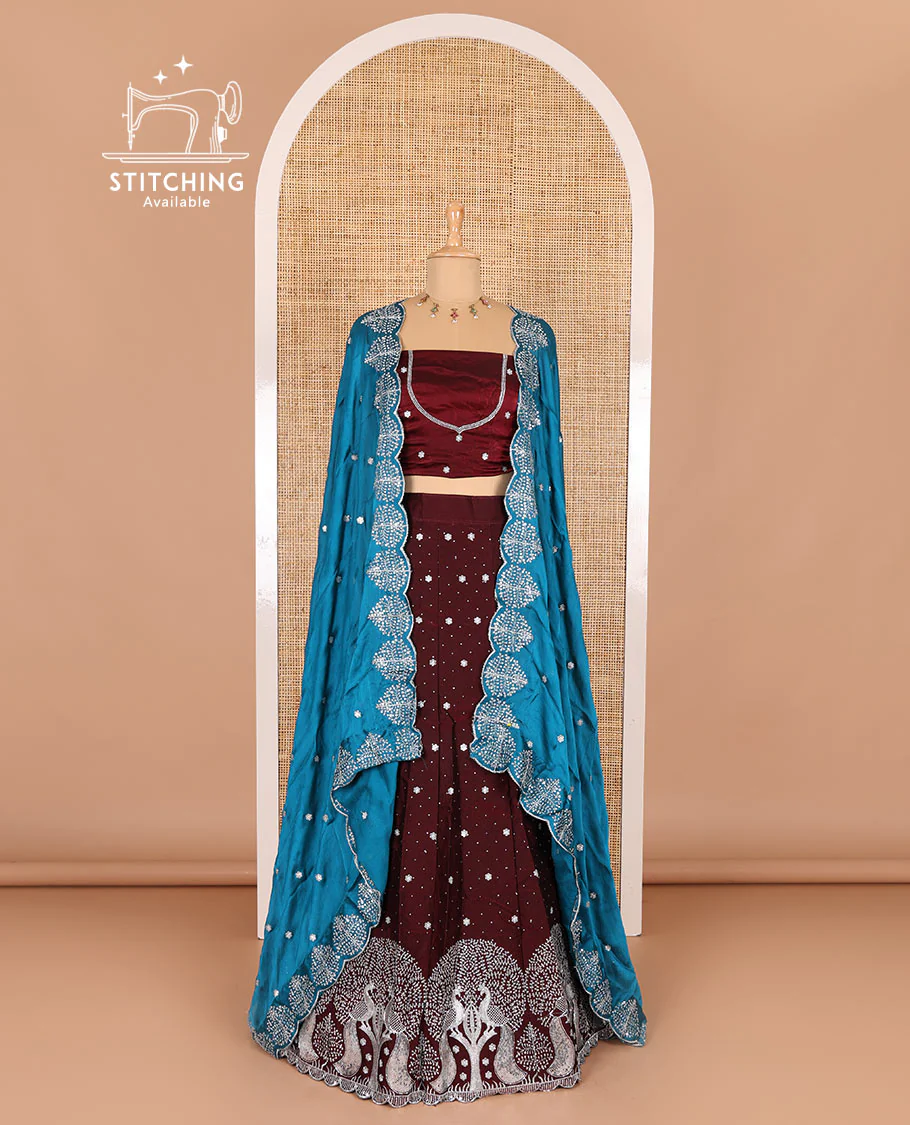 Wine half-saree, buttas, tree, and peacock motifs embroidered semi-taffeta silk top, matching blouse, and contrast scallop embroidered dhavani - Image 2