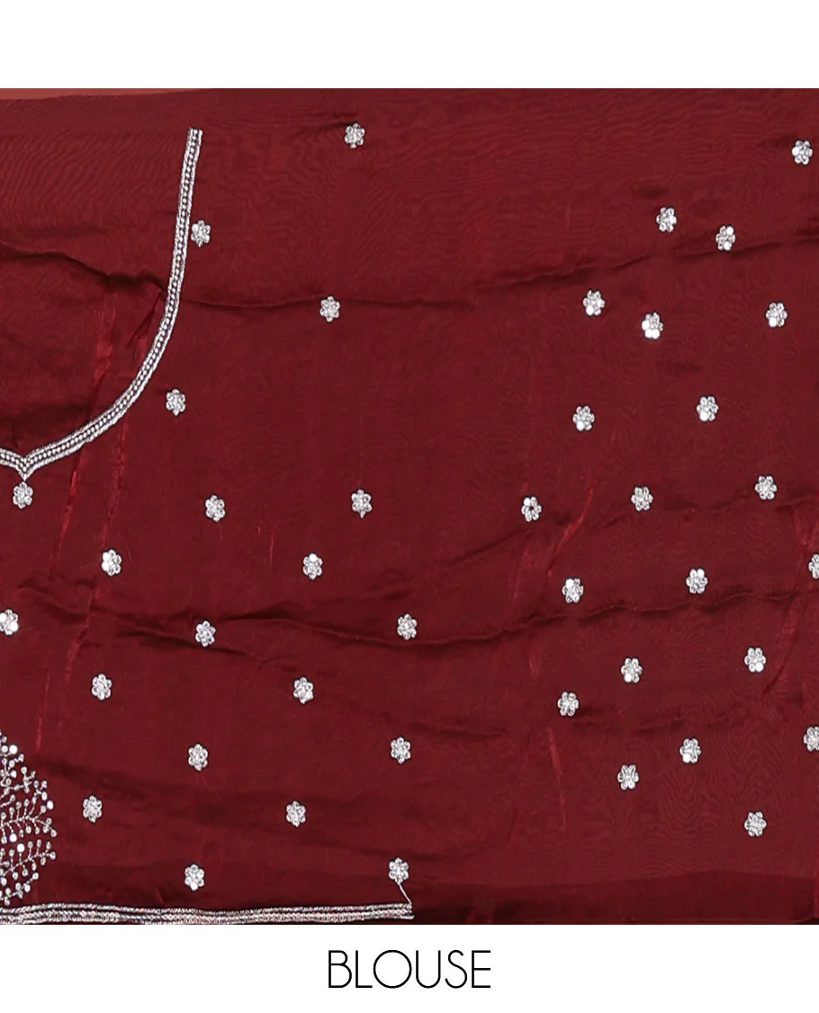 Wine half-saree, buttas, tree, and peacock motifs embroidered semi-taffeta silk top, matching blouse, and contrast scallop embroidered dhavani - Image 4