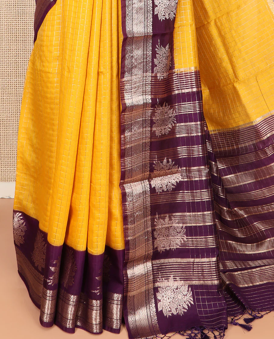Yellow Assam Silk Saree Sparsely Sparkled with Zari Checks, Complemented by Contrast Traditional Zari Border of Floral Designs, a Captivating Pallu of Zari Stripes, and Paired with a Contrast Blouse - Image 3