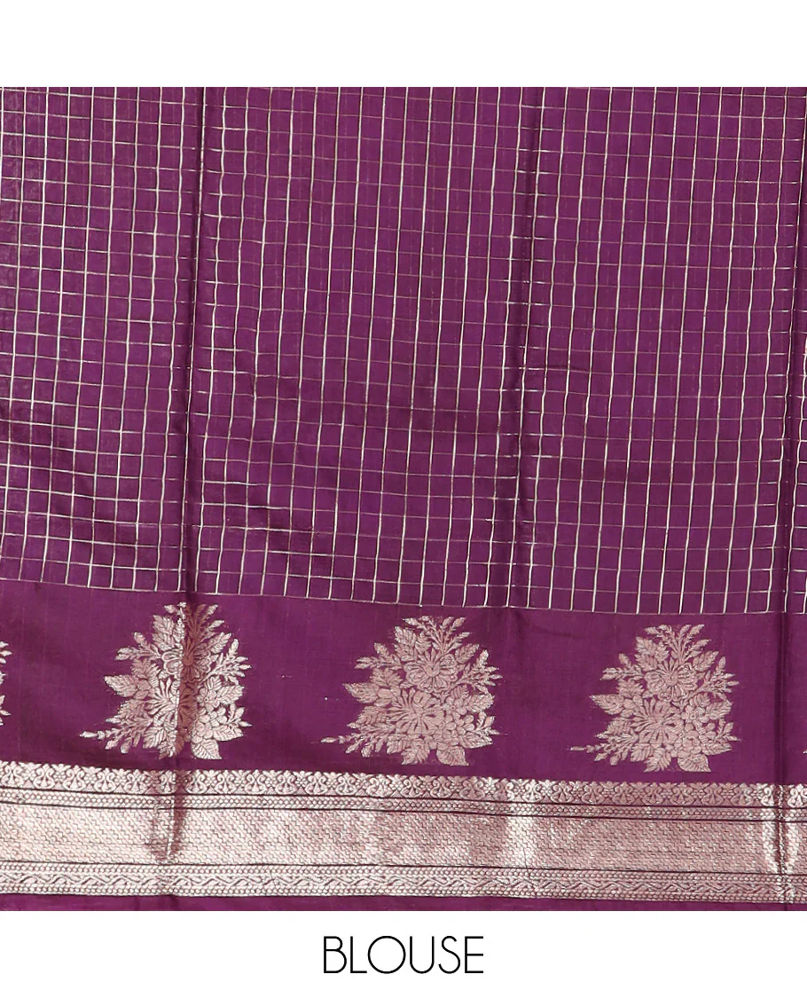 Yellow Assam Silk Saree Sparsely Sparkled with Zari Checks, Complemented by Contrast Traditional Zari Border of Floral Designs, a Captivating Pallu of Zari Stripes, and Paired with a Contrast Blouse - Image 4