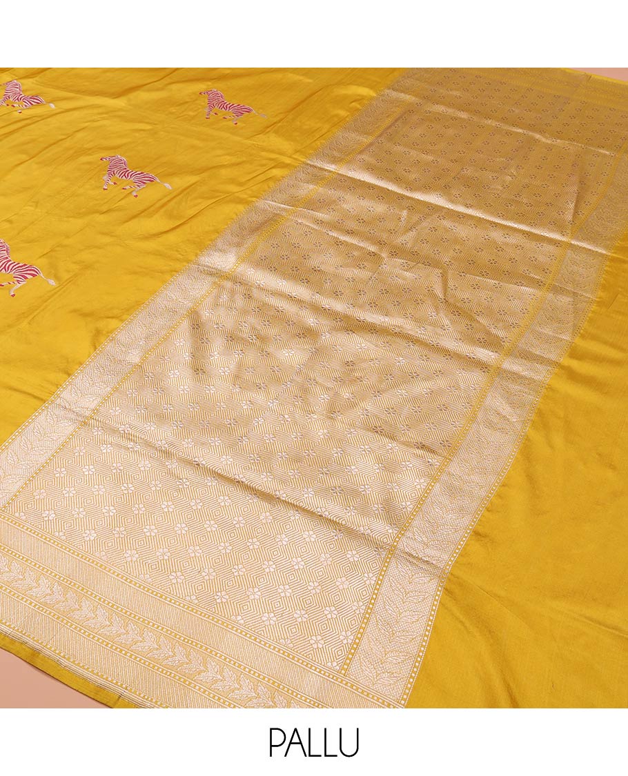 Yellow Banarasi Silk Saree Elevated with Zebra Motifs All Over Its Body, a Subtle Border of Traditional Designs, Pallu Decked Up with Floral and Diamond Designs, and Paired with a Matching Blouse - Image 7
