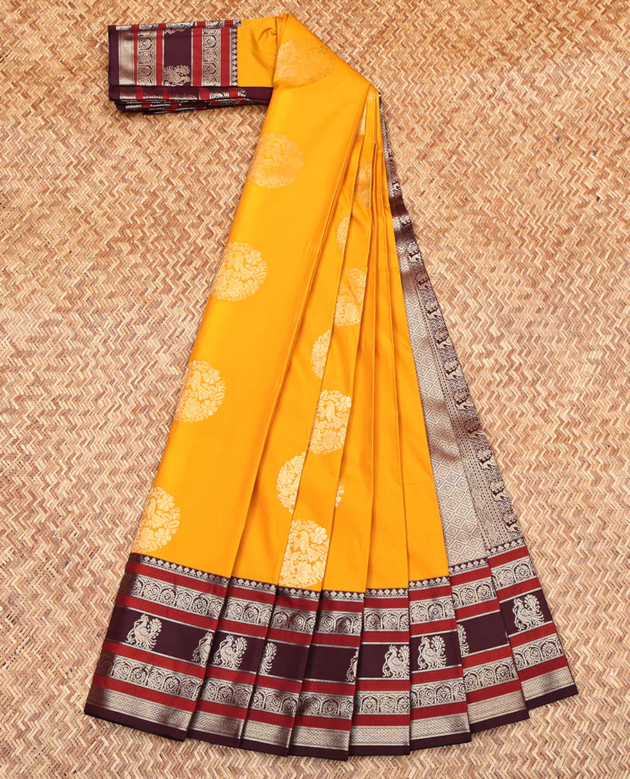 Yellow Budget Silk Saree, Dazzled with Zari Buttas All Over Its Body, Complemented by a Contrast Traditional Zari Design Border, Grand Jaal Pallu, and Paired with a Contrast Blouse - Image 2