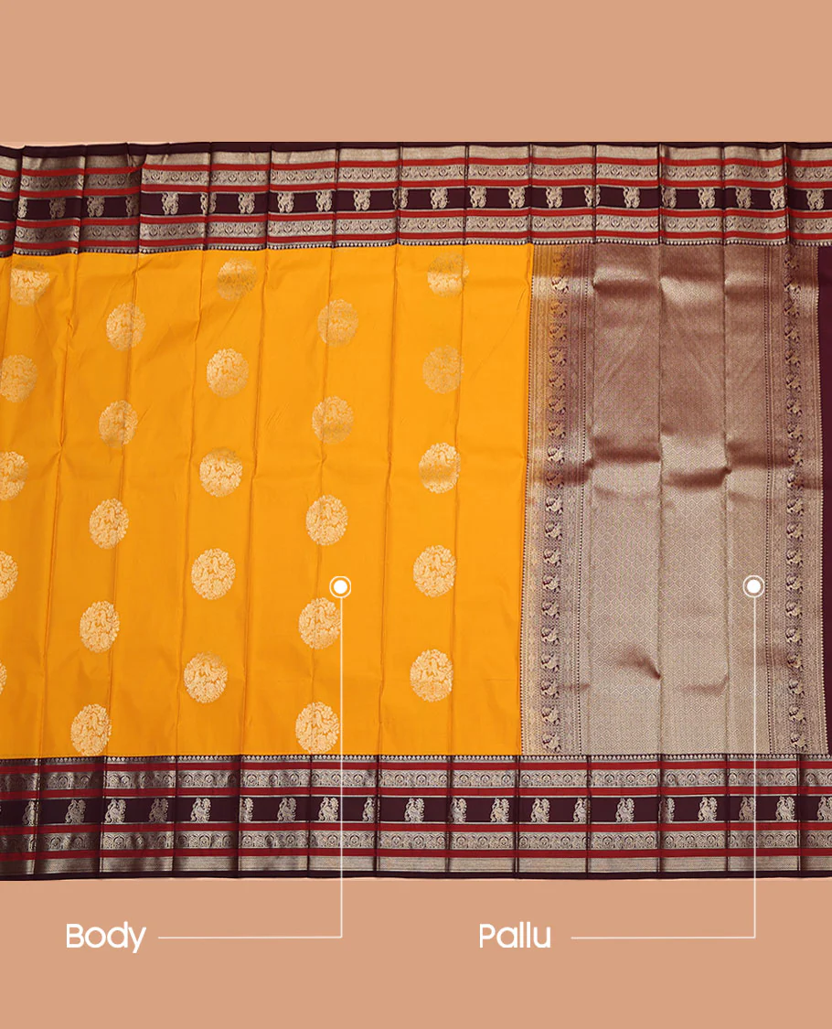 Yellow Budget Silk Saree, Dazzled with Zari Buttas All Over Its Body, Complemented by a Contrast Traditional Zari Design Border, Grand Jaal Pallu, and Paired with a Contrast Blouse - Image 3