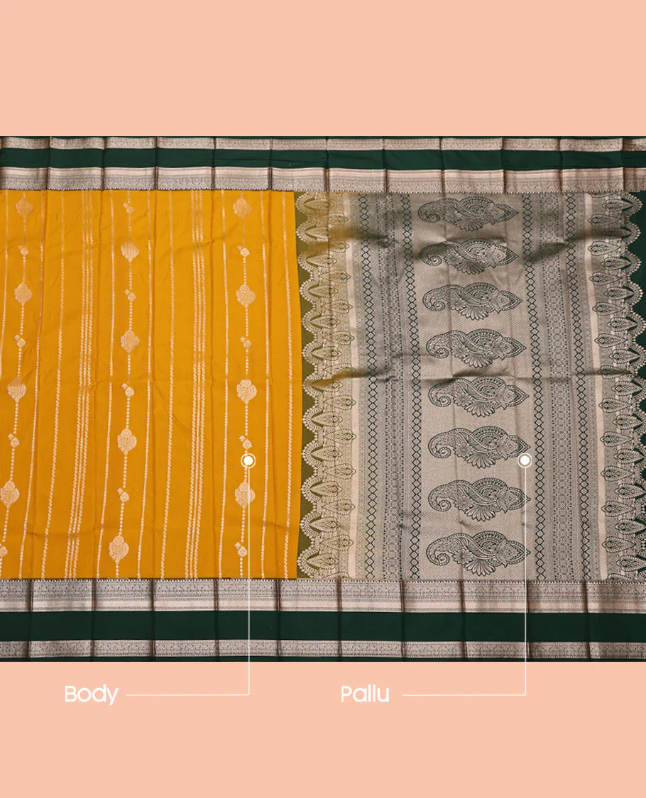 Yellow Budget Silk Saree, Decked Up with Zari Designs All Over Its Body, Complemented by a Contrast Traditional Zari Design Rettai Pettu Border, Intricate Pallu, and Paired with a Contrast Blouse - Image 3