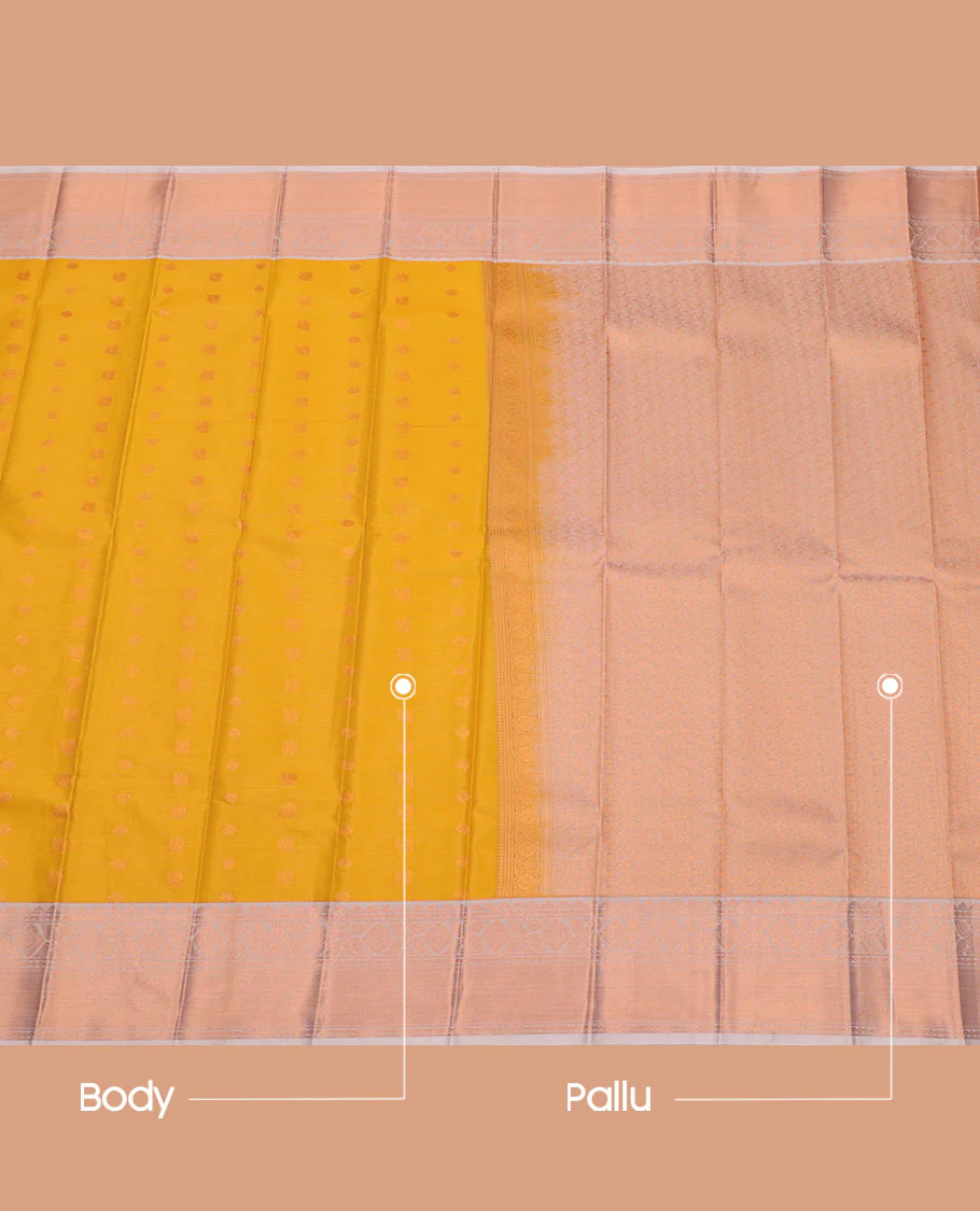 Yellow Budget Silk Saree Mesmerized with Zari Buttas and Stripes, Complemented with a Contrast Traditional Zari Design Border, Zari-Rich Jaal Pallu, and a Contrast Blouse - Image 3