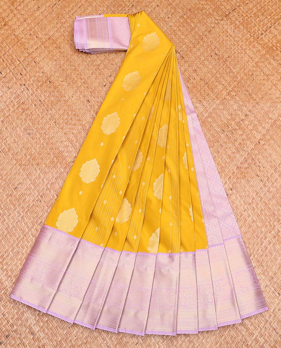 Yellow Budget Silk Saree, Subtly Sparkled with Zari Buttas All Over Its Body, Complemented by a Contrast Traditional Zari Design Border, Grand Jaal Pallu, and Paired with a Contrast Blouse - Image 2