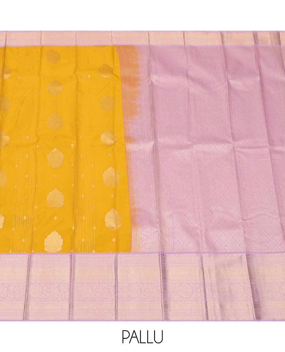 Yellow Budget Silk Saree, Subtly Sparkled with Zari Buttas All Over Its Body, Complemented by a Contrast Traditional Zari Design Border, Grand Jaal Pallu, and Paired with a Contrast Blouse - Image 3