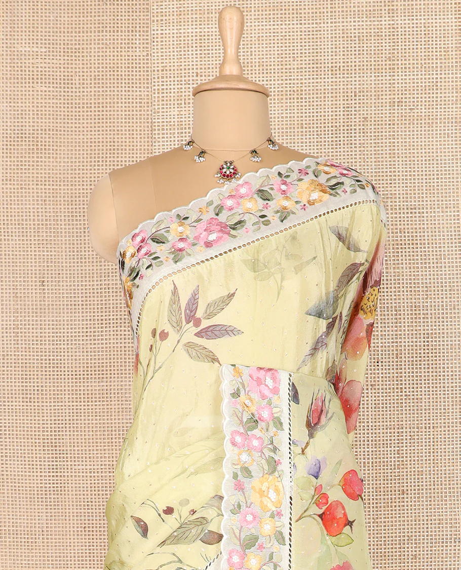 Yellow buttas with floral vine printed dola silk saree, contrast floral embroidered scallop border - Image 3