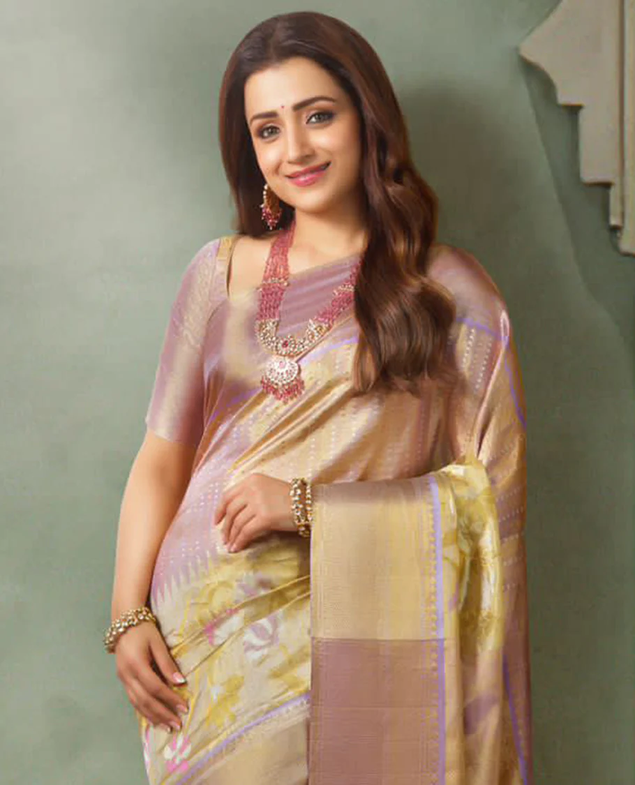 Yellow floral jacquard Samudrika silk saree with contrast tradtiotnal zari design border & floral design pallu - Image 2