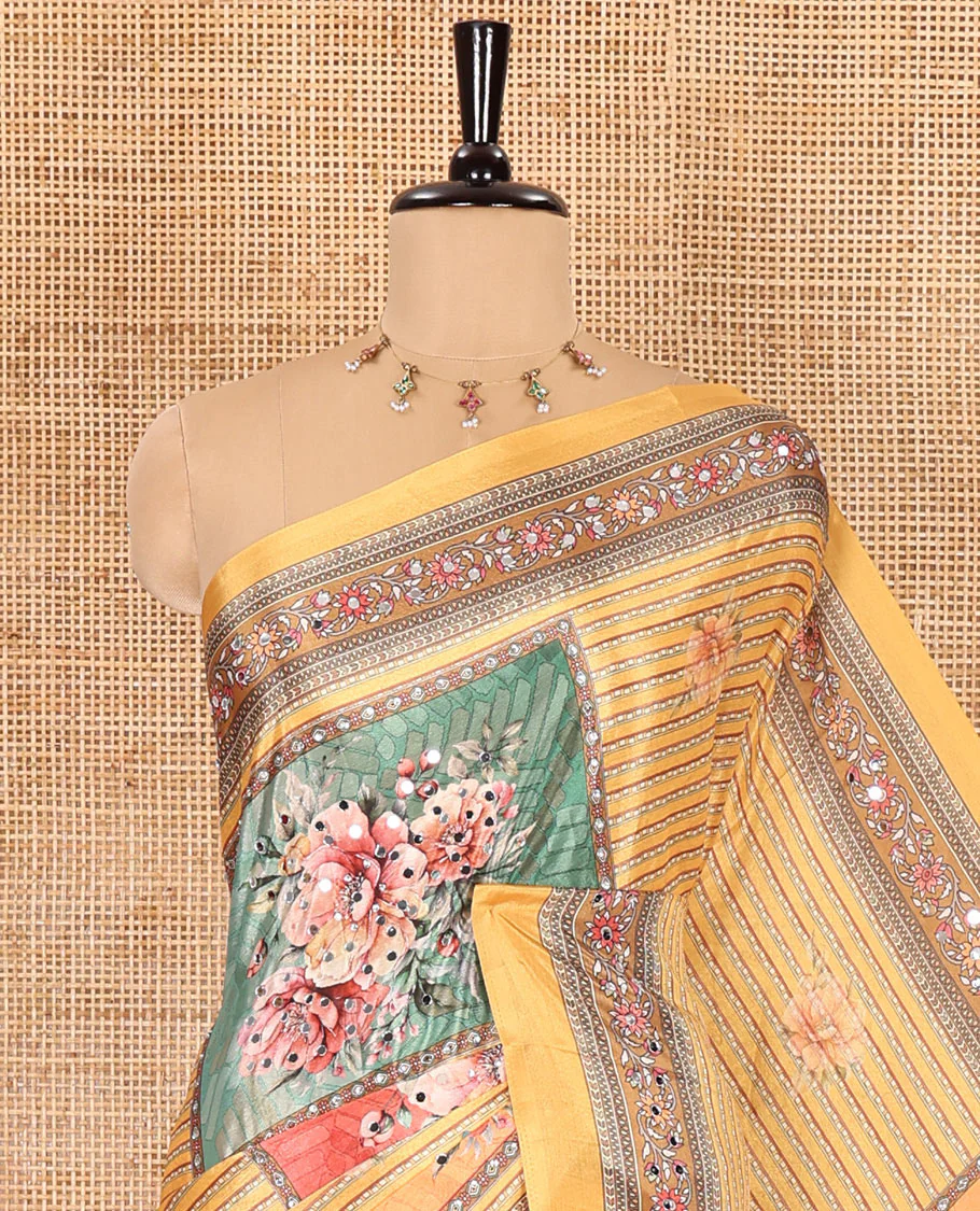 Yellow floral-printed and mirror-work masakali saree, printed with mirror-work border, an intricately decked-up Mughal-style pallu, and a matching blouse - Image 2