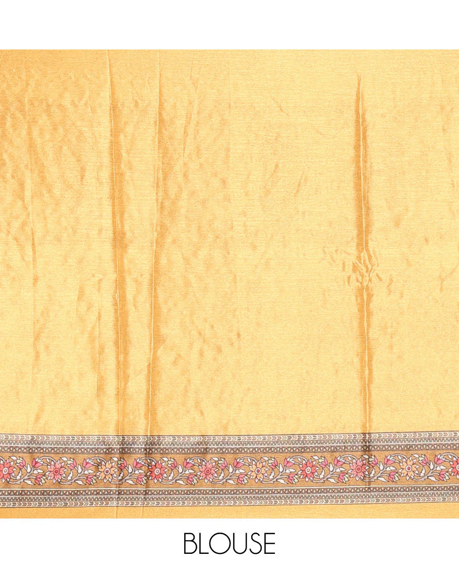 Yellow floral-printed and mirror-work masakali saree, printed with mirror-work border, an intricately decked-up Mughal-style pallu, and a matching blouse - Image 3