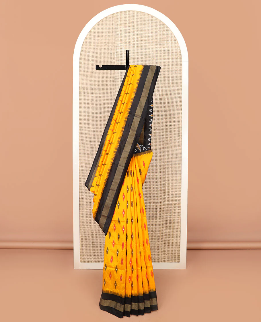 Yellow Ikkat Silk Saree Brightened with Ikkat Buttas, Complemented by a Contrast Ikkat Design Border, a Hazily Woven Pallu of Diamond Patterns, and a Contrast Blouse - Image 2