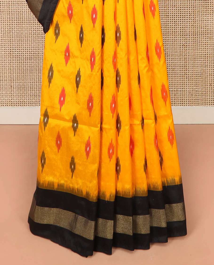 Yellow Ikkat Silk Saree Brightened with Ikkat Buttas, Complemented by a Contrast Ikkat Design Border, a Hazily Woven Pallu of Diamond Patterns, and a Contrast Blouse - Image 4