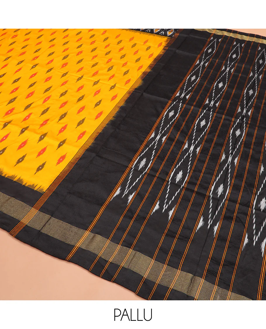 Yellow Ikkat Silk Saree Brightened with Ikkat Buttas, Complemented by a Contrast Ikkat Design Border, a Hazily Woven Pallu of Diamond Patterns, and a Contrast Blouse - Image 5