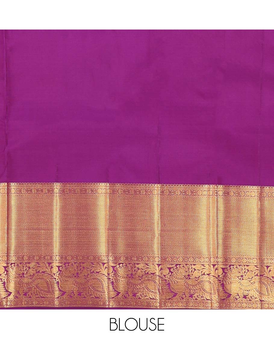 Yellow jacquard wedding silk saree, contrast border of thilakam, rudraksham, and mayil designs, and ogee design pallu - Image 6