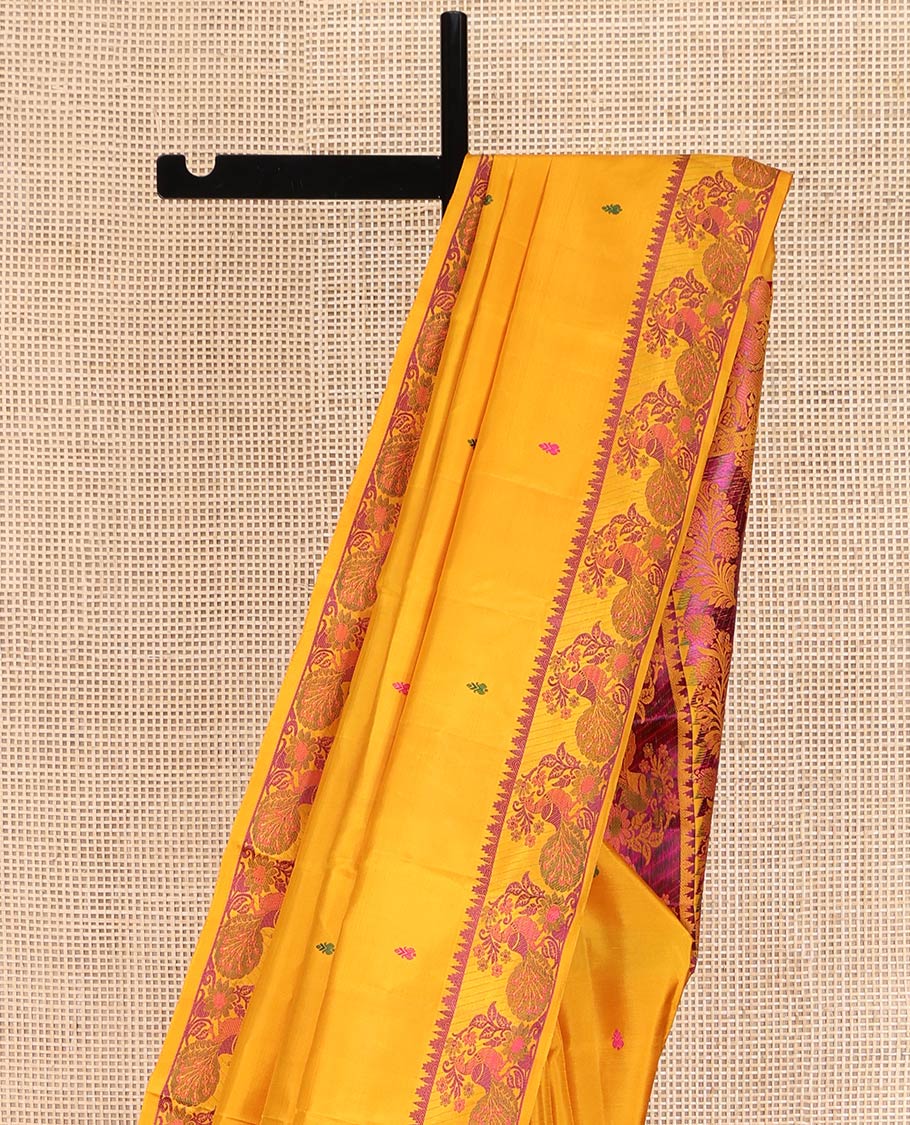 Yellow Kanchipuram Silk Saree, Delicately Woven with Thread Buttas All Over Its Body, Highlighted by a Self-Border of Thazampoo Rekku, and Mayil Designs, Pallu Steeped with Floral Designs, and Paired with a Matching Blouse - Image 3