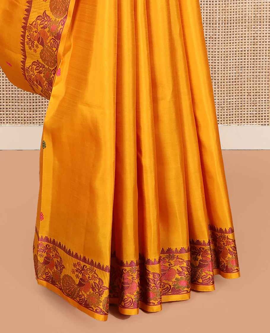 Yellow Kanchipuram Silk Saree, Delicately Woven with Thread Buttas All Over Its Body, Highlighted by a Self-Border of Thazampoo Rekku, and Mayil Designs, Pallu Steeped with Floral Designs, and Paired with a Matching Blouse - Image 4