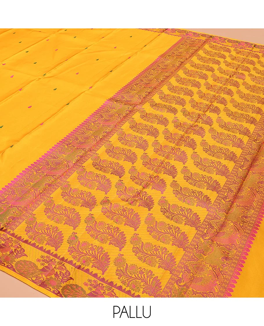 Yellow Kanchipuram Silk Saree, Delicately Woven with Thread Buttas All Over Its Body, Highlighted by a Self-Border of Thazampoo Rekku, and Mayil Designs, Pallu Steeped with Floral Designs, and Paired with a Matching Blouse - Image 5