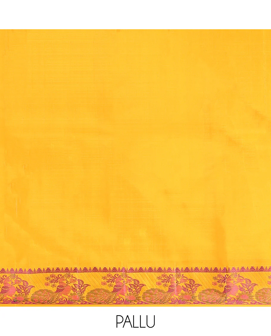 Yellow Kanchipuram Silk Saree, Delicately Woven with Thread Buttas All Over Its Body, Highlighted by a Self-Border of Thazampoo Rekku, and Mayil Designs, Pallu Steeped with Floral Designs, and Paired with a Matching Blouse - Image 6
