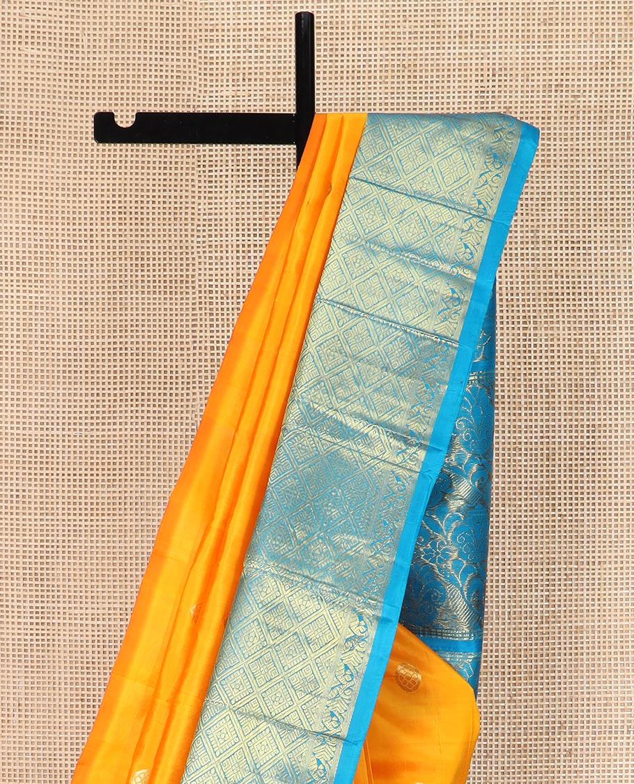 Yellow Kanchipuram Silk Saree Meticulously  Woven with Zari Buttas All Over Its Body, Complemented by a Contrast One-Sided Korvai Border of Jaal Designs, Richly Woven Pallu of Intricate Motifs in Zari, and Comes Without a Blouse - Image 3