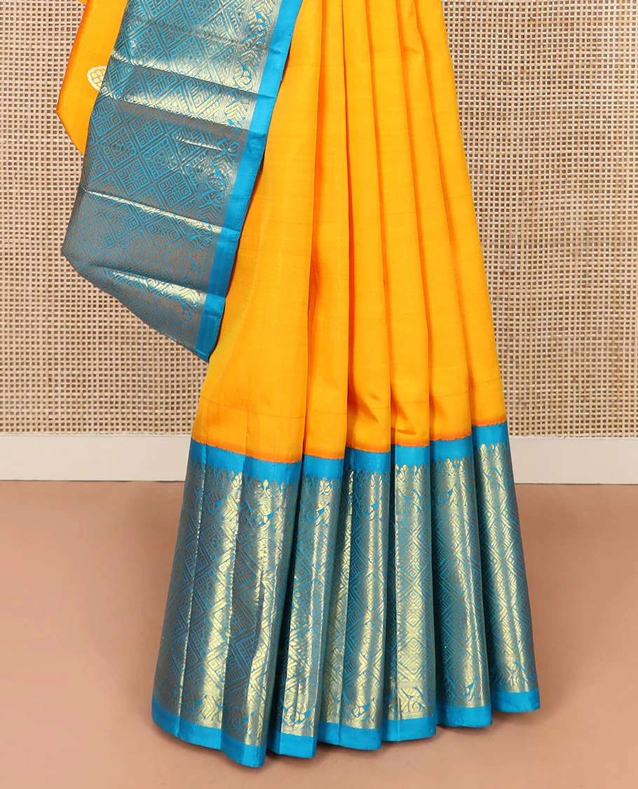 Yellow Kanchipuram Silk Saree Meticulously  Woven with Zari Buttas All Over Its Body, Complemented by a Contrast One-Sided Korvai Border of Jaal Designs, Richly Woven Pallu of Intricate Motifs in Zari, and Comes Without a Blouse - Image 4