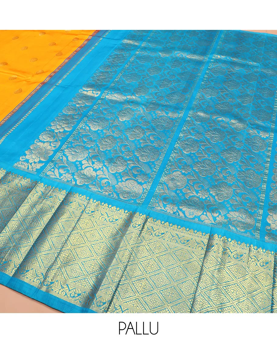 Yellow Kanchipuram Silk Saree Meticulously  Woven with Zari Buttas All Over Its Body, Complemented by a Contrast One-Sided Korvai Border of Jaal Designs, Richly Woven Pallu of Intricate Motifs in Zari, and Comes Without a Blouse - Image 5