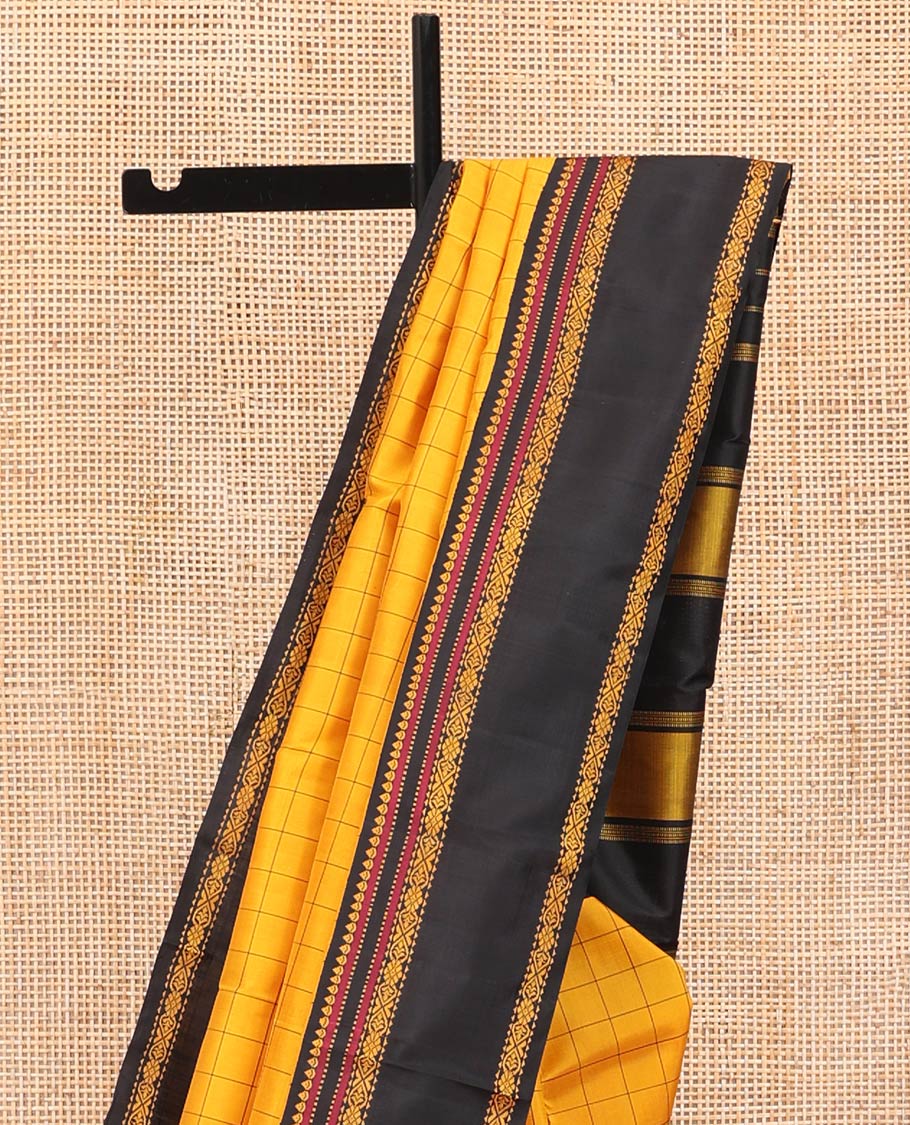 Yellow Kanchipuram Silk Saree, Sparsely Woven with Checked Design All Over Its Body, Complemented by a Contrast Rettai Pettu Border of Thilakam, Muthu, and Jada Nagam Designs, Pallu of Thazampoo Rekku Designs, and Paired with a Contrast Blouse - Image 3
