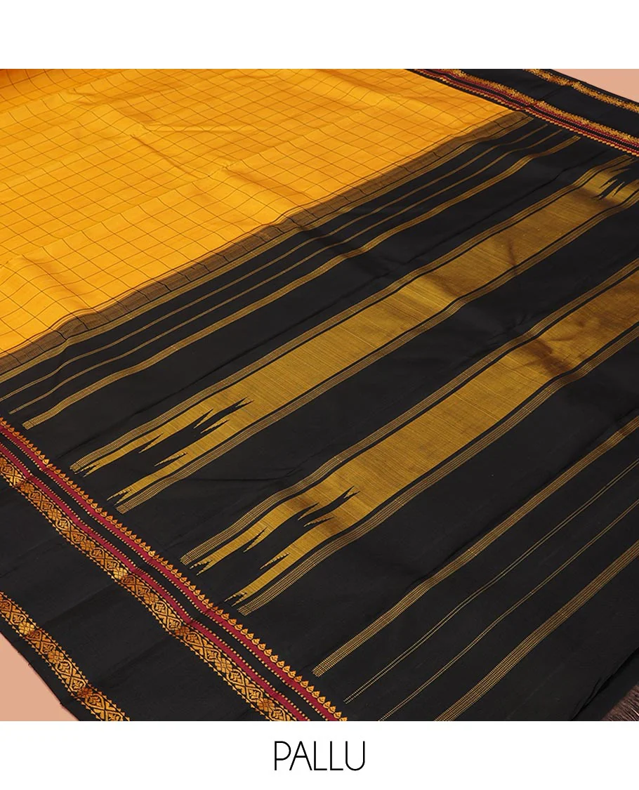 Yellow Kanchipuram Silk Saree, Sparsely Woven with Checked Design All Over Its Body, Complemented by a Contrast Rettai Pettu Border of Thilakam, Muthu, and Jada Nagam Designs, Pallu of Thazampoo Rekku Designs, and Paired with a Contrast Blouse - Image 5