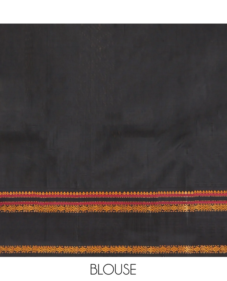 Yellow Kanchipuram Silk Saree, Sparsely Woven with Checked Design All Over Its Body, Complemented by a Contrast Rettai Pettu Border of Thilakam, Muthu, and Jada Nagam Designs, Pallu of Thazampoo Rekku Designs, and Paired with a Contrast Blouse - Image 6