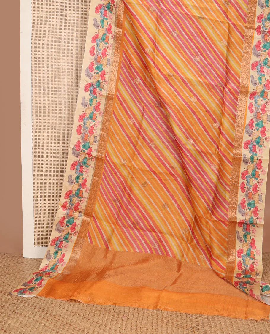 Yellow lehariya-style stripes printed tussar saree with zari buttas, contrast traditional zari border of pichwai multi-color floral & cow motifs print & zari striped pallu - Image 3