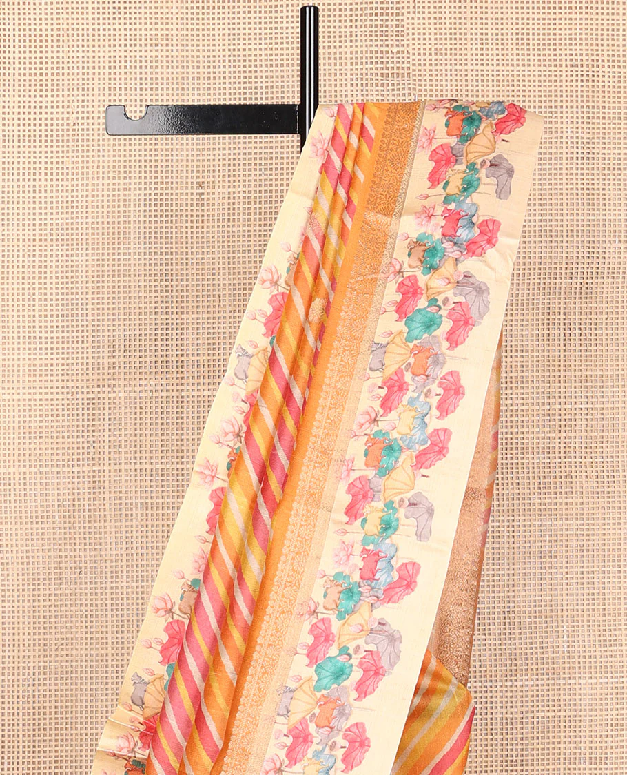 Yellow lehariya-style stripes printed tussar saree with zari buttas, contrast traditional zari border of pichwai multi-color floral & cow motifs print & zari striped pallu - Image 4